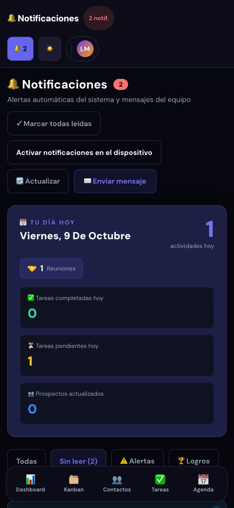 Centro de notificaciones con alertas y envío de mensajes