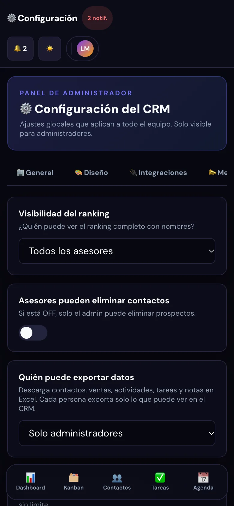 Permisos del equipo: ranking, eliminar y exportar