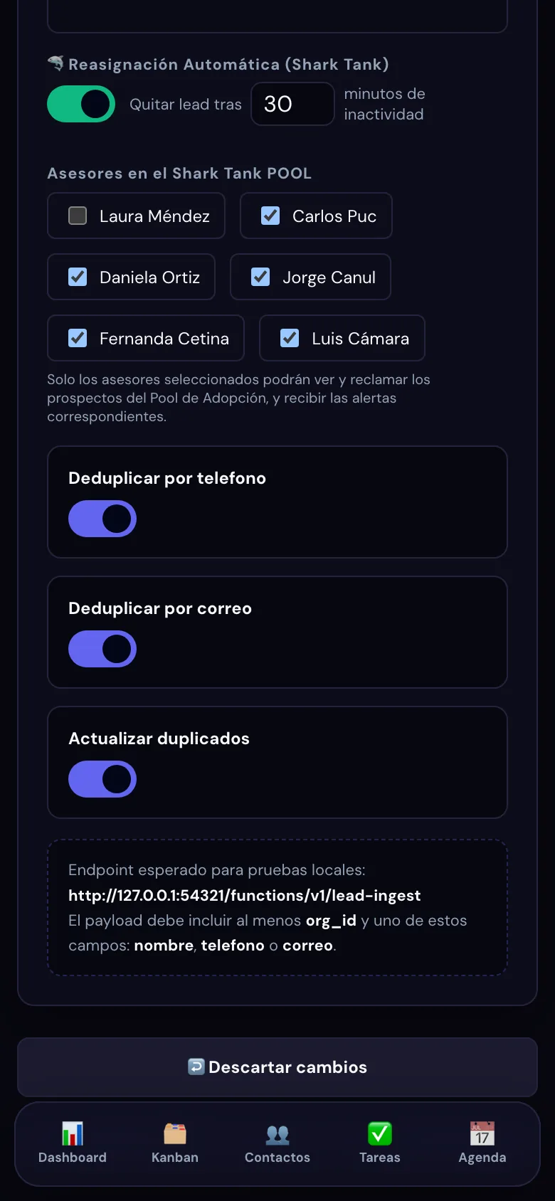 Configuración del Shark Tank: minutos y asesores del pool