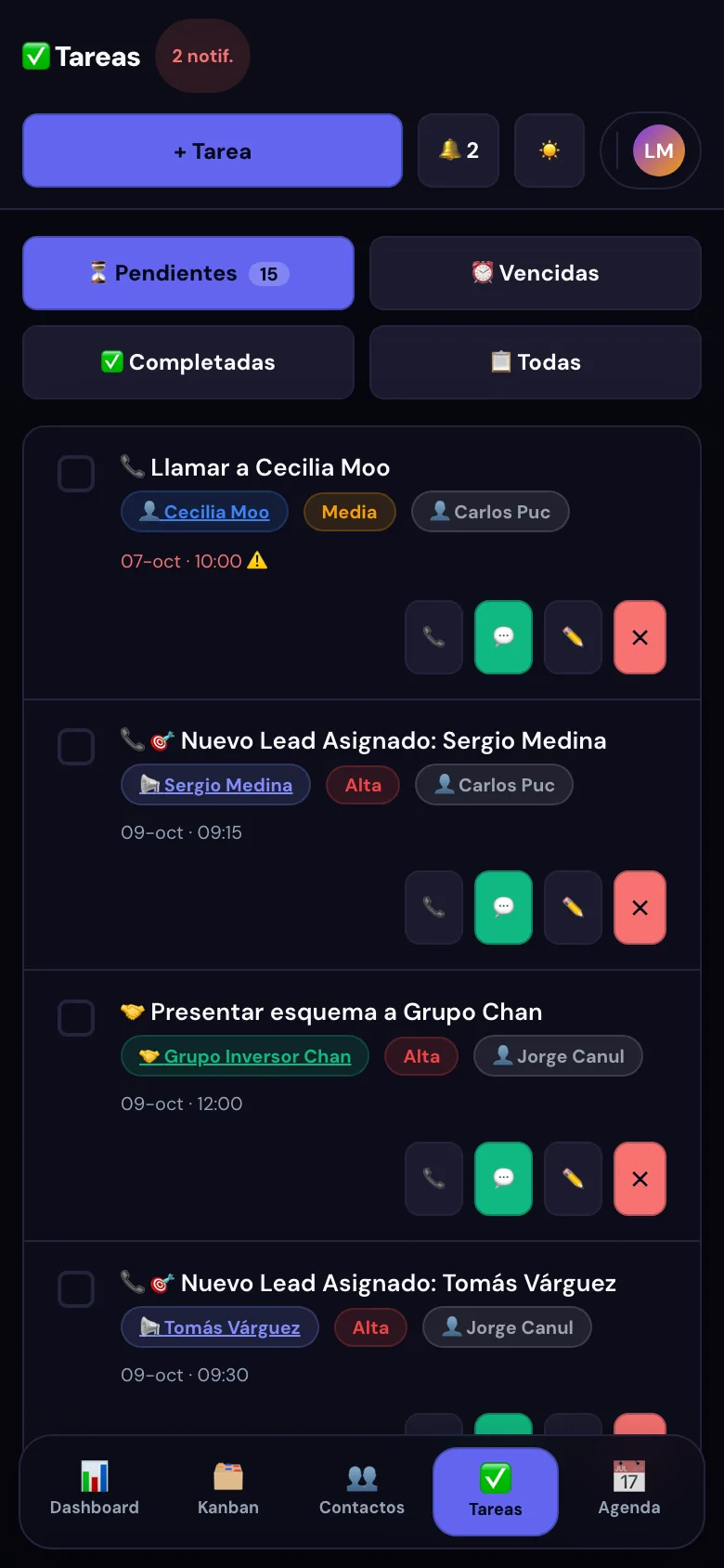 Lista de tareas con leads nuevos asignados