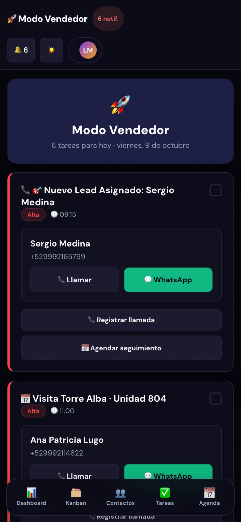 Modo Vendedor con tareas del día, llamar y WhatsApp